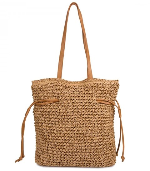 Torebka shopper boho z plecionki z troczkami i podszewką (Brązowy) Torebka shopper boho z plecionki z troczkami i podszewką (Brązowy)