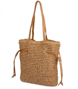 Torebka shopper boho z plecionki z troczkami i podszewką (Brązowy)