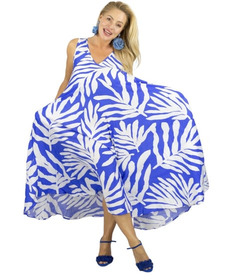 Długa luźna sukienka z printem i kieszeniami BUTTERFLY (Wielokolorowy || Niebieski)