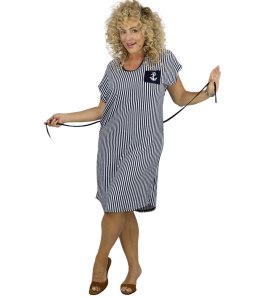 Sukienka w marynarskie paski midi z wiązaniem w pasie MARINA (Biały || Wielokolorowy || Granatowy)