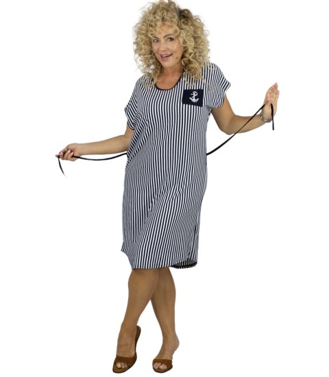 Sukienka w marynarskie paski midi z wiązaniem w pasie MARINA (Biały || Wielokolorowy || Granatowy)