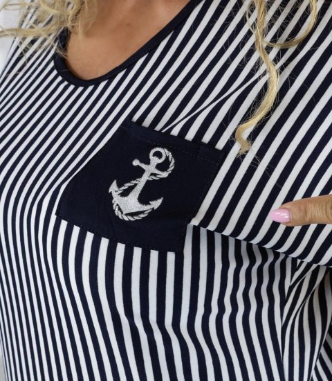 Sukienka w marynarskie paski midi z wiązaniem w pasie MARINA (Biały || Wielokolorowy || Granatowy)