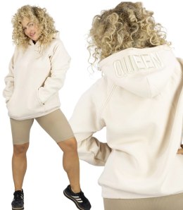 Bluza damska z kapturem oversize i haftem QUEEN (Beżowy)