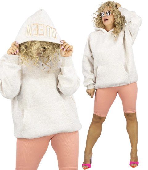 Bluza damska z kapturem oversize i haftem QUEEN (Beżowy)