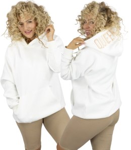 Bluza damska z kapturem oversize i haftem QUEEN (Biały)