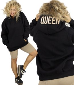 Bluza damska z kapturem oversize i haftem QUEEN (Czarny)