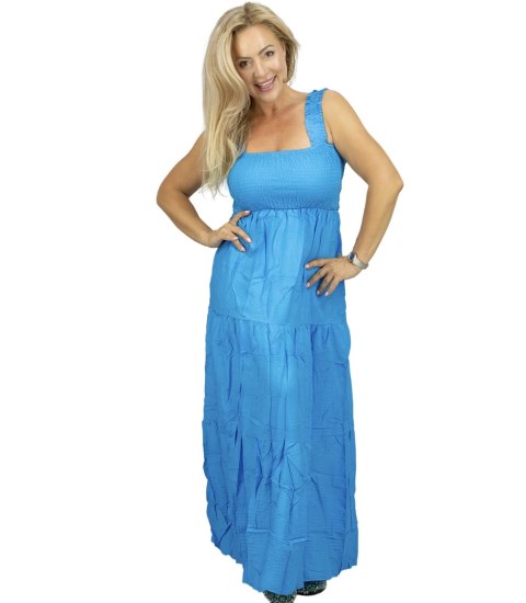 Letnia sukienka maxi na ramiączkach boho z falbankami SOLEA (Niebieski)