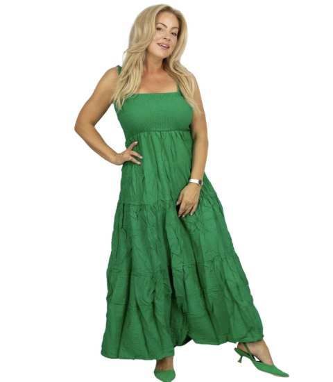 Letnia sukienka maxi na ramiączkach boho z falbankami SOLEA (Zielony)
