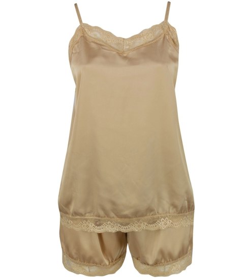 Satynowy komplet piżamowy z koronką spodenki top halka (Beżowy)