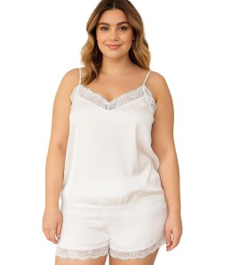 Satynowy komplet piżamowy z koronką spodenki top halka (Biały)