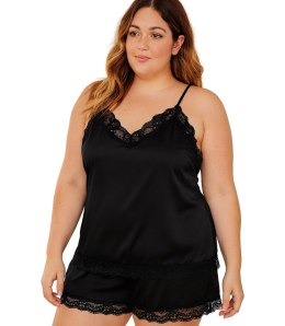 Satynowy komplet piżamowy z koronką spodenki top halka (Czarny)