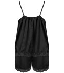 Satynowy komplet piżamowy z koronką spodenki top halka (Czarny)