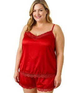 Satynowy komplet piżamowy z koronką spodenki top halka (Czerwony)
