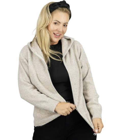 Krótki rozpinany sweter z kapturem kardigan na suwak NORA (Beżowy)