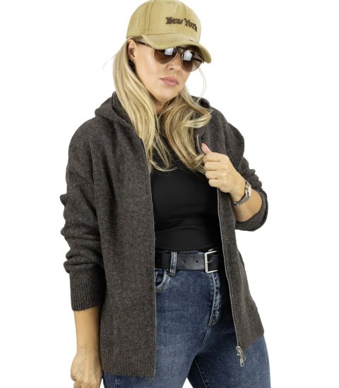 Krótki rozpinany sweter z kapturem kardigan na suwak NORA (Brązowy)