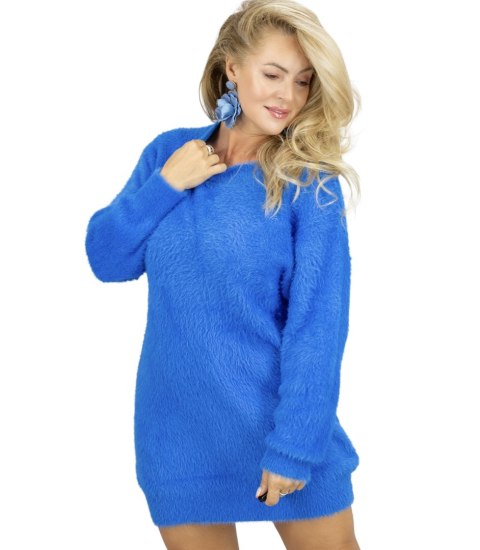 Puszysty sweter sukienka dzianinowa okrągły dekolt FLUFFY (Niebieski)
