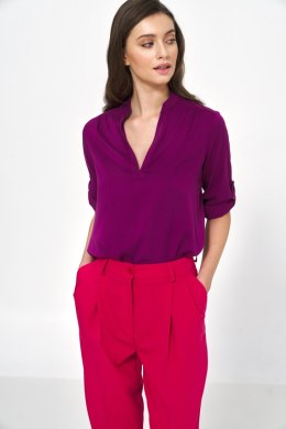 Wiskozowa purpurowa bluzka z podwijanym rękawem B184 Purpura - Nife - 34