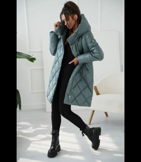Ciepły płaszcz zimowy damski Pikowany Ocieplany MELANIA (Zielony)