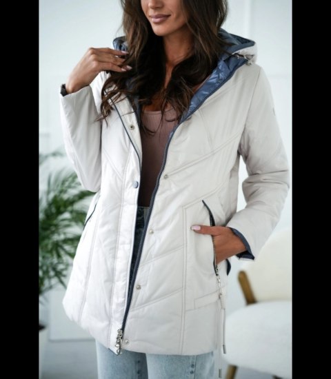 Damska kurtka ciepła przejściowa Elegancka Kaptur Jesień RÓŻA (Ecru)
