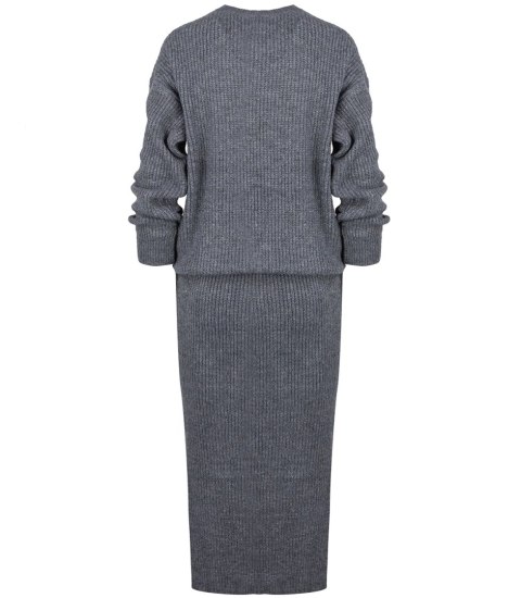 Dzianinowy komplet sweter + spódnica w jednolitym kolorze BELLA (Szary)