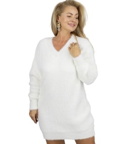 Puszysty sweter sukienka dzianinowa dekolt w serek FUZZYVIBE (Biały)