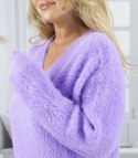 Puszysty sweter sukienka dzianinowa dekolt w serek FUZZYVIBE (Fioletowy)