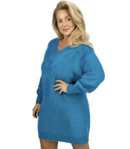 Puszysty sweter sukienka dzianinowa dekolt w serek FUZZYVIBE (Niebieski)