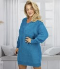 Puszysty sweter sukienka dzianinowa dekolt w serek FUZZYVIBE (Niebieski)