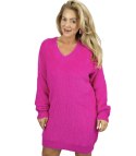 Puszysty sweter sukienka dzianinowa dekolt w serek FUZZYVIBE (Różowy)