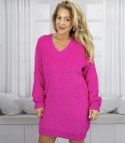 Puszysty sweter sukienka dzianinowa dekolt w serek FUZZYVIBE (Różowy)