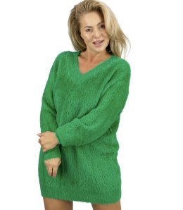 Puszysty sweter sukienka dzianinowa dekolt w serek FUZZYVIBE (Zielony)