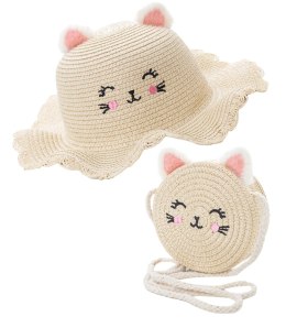 Uroczy komplet kapelusz z twarzą kotka + torebka (Beżowy)