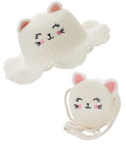 Uroczy komplet kapelusz z twarzą kotka + torebka (Ecru)