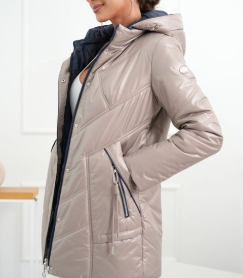 Damska kurtka ciepła przejściowa Elegancka Kaptur Jesień RÓŻA (Brązowy)