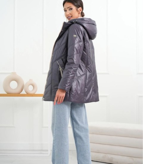 Damska kurtka ciepła przejściowa Elegancka Kaptur Jesień RÓŻA (Fioletowy)