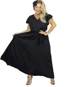 Długa sukienka wiązana w pasie z krótkim rękawem z falbanką CELINA (Czarny)