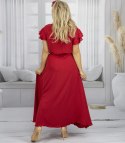 Długa sukienka wiązana w pasie z krótkim rękawem z falbanką CELINA (Czerwony)
