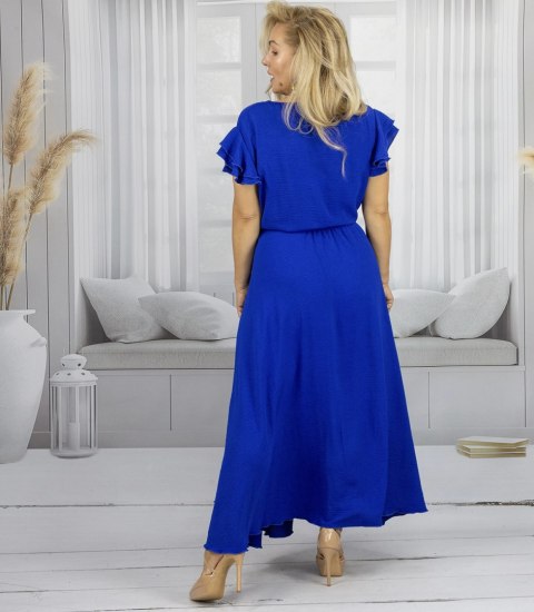 Długa sukienka wiązana w pasie z krótkim rękawem z falbanką CELINA (Niebieski)