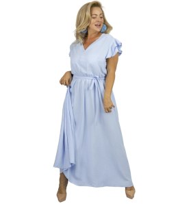 Długa sukienka wiązana w pasie z krótkim rękawem z falbanką CELINA (Niebieski)