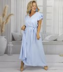 Długa sukienka wiązana w pasie z krótkim rękawem z falbanką CELINA (Niebieski)
