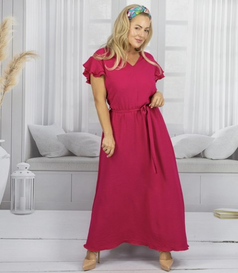 Długa sukienka wiązana w pasie z krótkim rękawem z falbanką CELINA (Różowy)