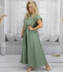 Długa sukienka wiązana w pasie z krótkim rękawem z falbanką CELINA (Zielony)