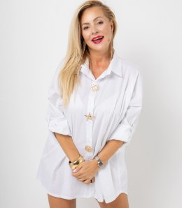Długa klasyczna koszula z ozdobnymi broszkami GOLDEN BEACH (Biały)