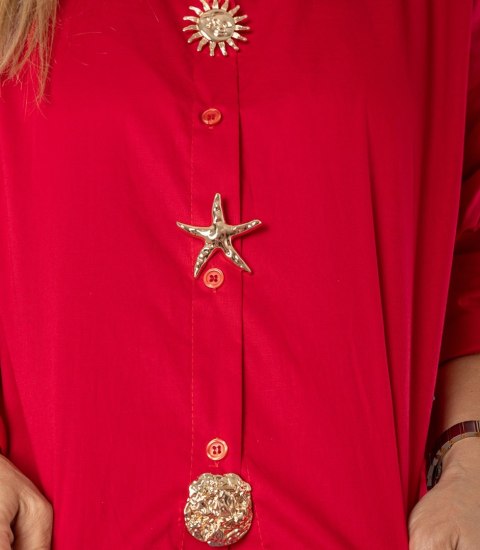 Długa klasyczna koszula z ozdobnymi broszkami GOLDEN BEACH (Czerwony)