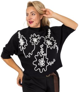 Elegancki sweter nietoperz z półgolfem i haftem ABSTRACT BLOOM (Czarny)