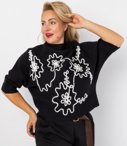 Elegancki sweter nietoperz z półgolfem i haftem ABSTRACT BLOOM (Czarny)