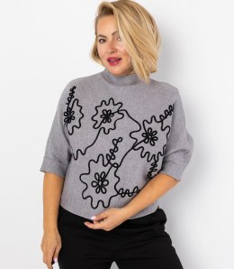 Elegancki sweter nietoperz z półgolfem i haftem ABSTRACT BLOOM (Szary)
