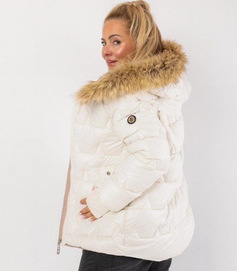 Pikowana kurtka zimowa z kapturem ozdobionym futerkiem ARIA PUFF (Biały)