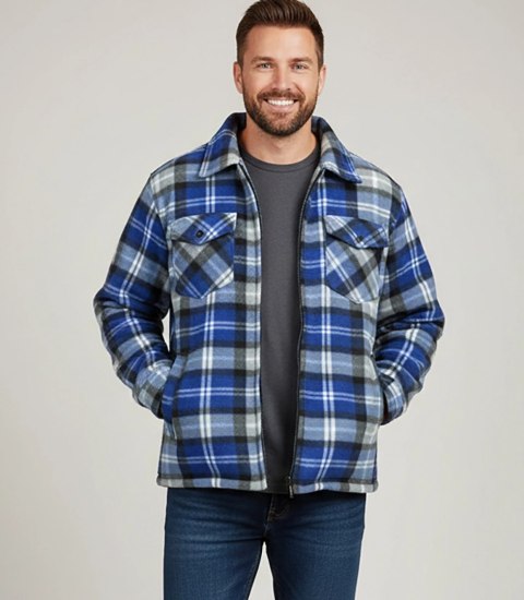 Ciepła polarowa koszula męska w kratę ocieplana futerkiem (Szary || Niebieski)