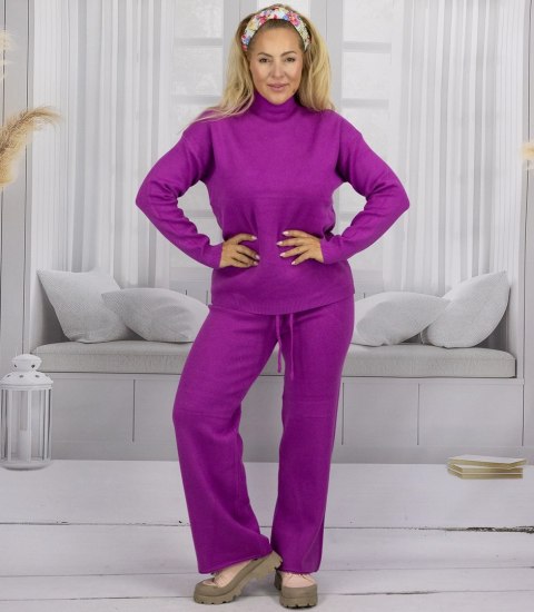 Dzianinowy zestaw bluzka ze stójką i rozszerzane spodnie KAMILLA (Fioletowy)